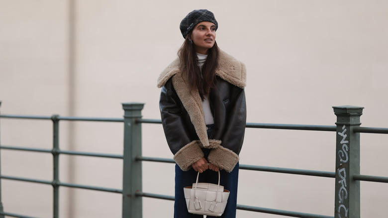 woman with shearling leather jacket