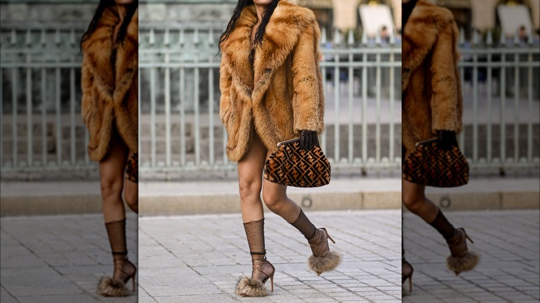 black sheer socks with fur coat and heels