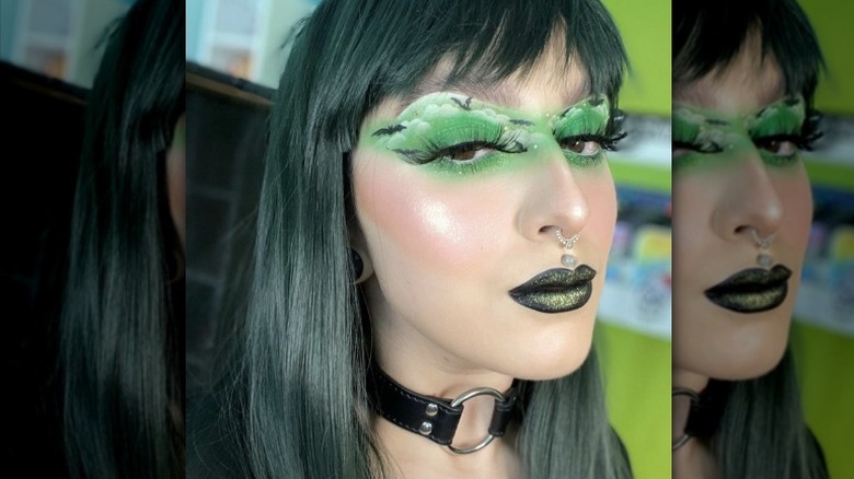 green lips and eyeshadow