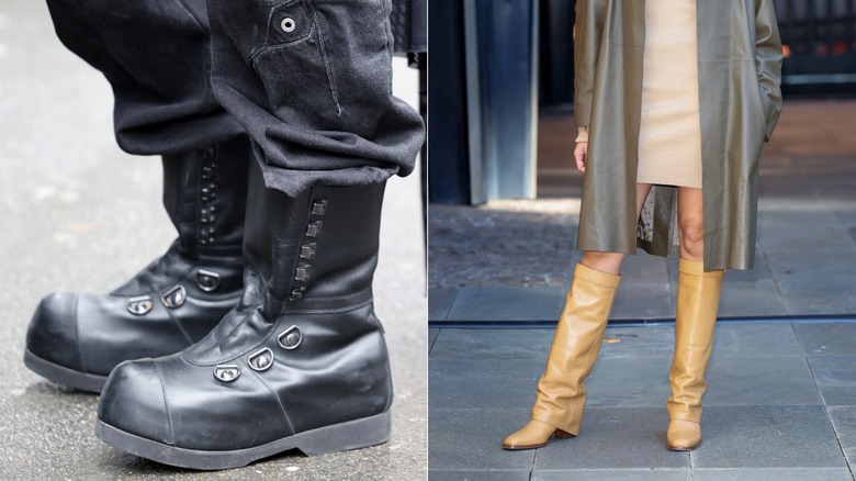 Side by side image of chunky combat boots and chunky leather knee-high boots in dark beige.