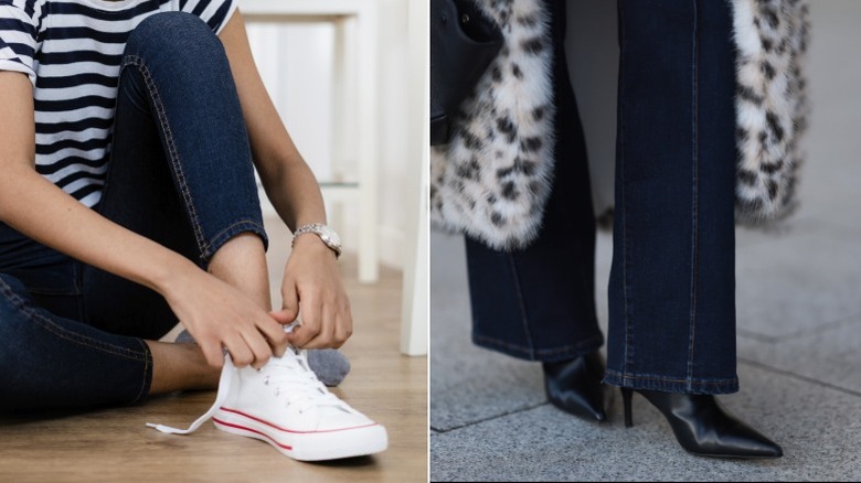 Woman in sleek flat loafers and woman wearing sleek pointy boots.