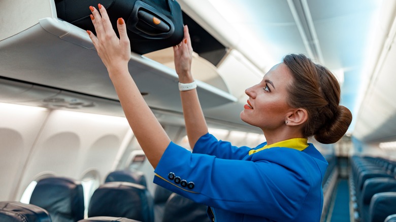 air hostess grabbing luggage bag