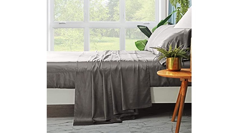 gray silk set plants bedroom