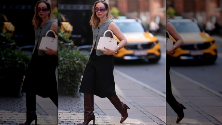 Gray vest knee-high boots