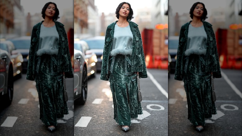 Green velvet skirt and jacket