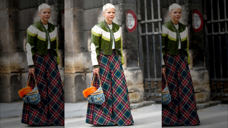 Plaid maxi skirt green leather jacket