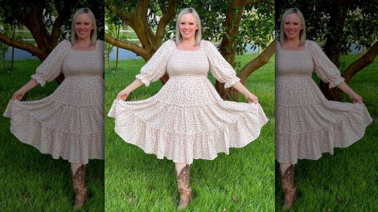 Blond wearing smocked dress, puffy sleeves