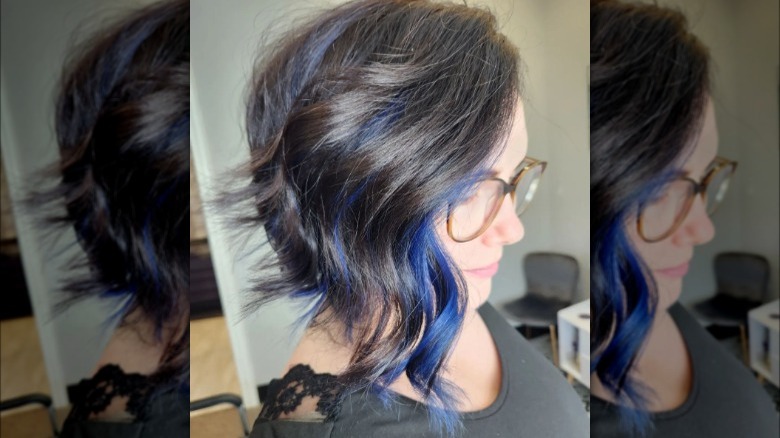 Ashy brown hair and blue highlights