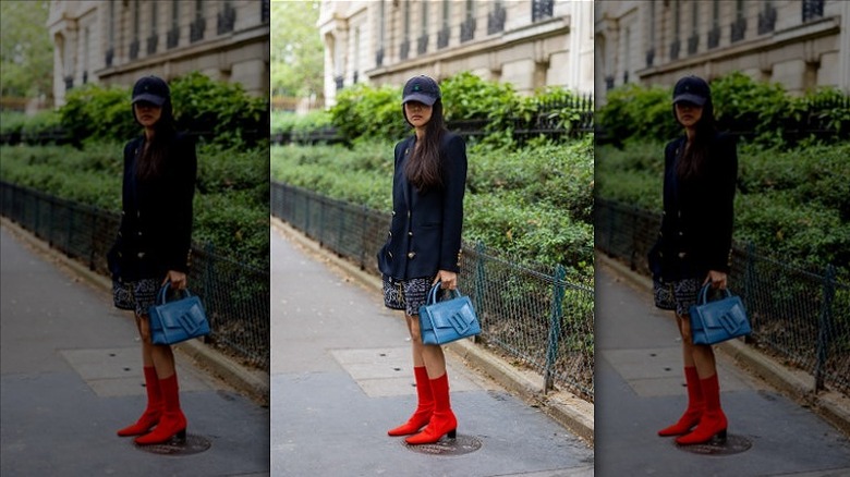 woman with red sock boots