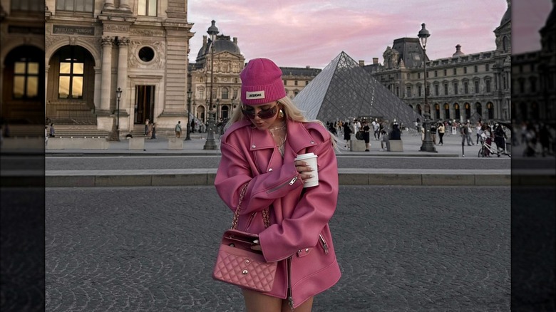 woman in monochromatic pink look 