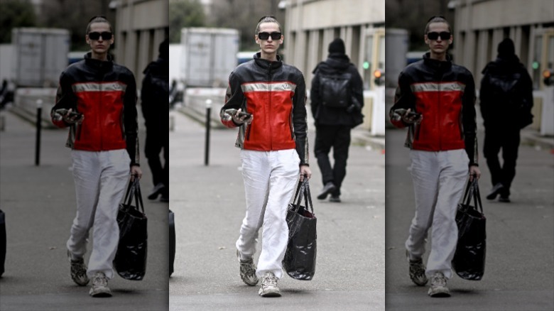 woman wearing leather racing jacket