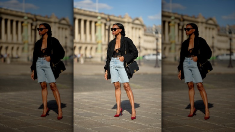 woman with denim bermuda shorts and blazer 