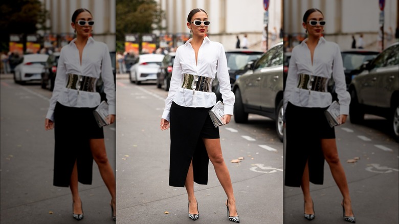 woman wearing metal belt