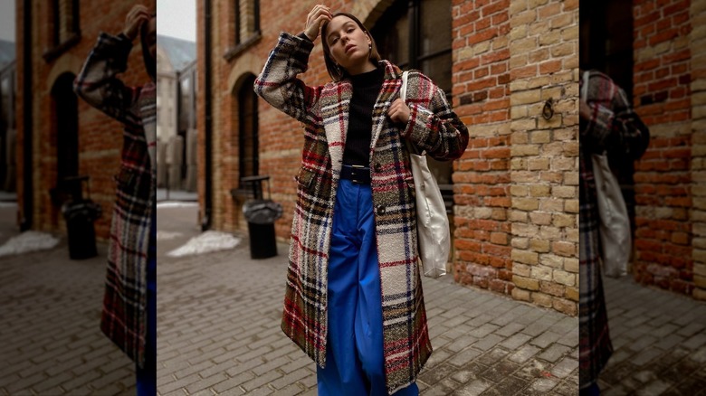 Statement coat and blue pants