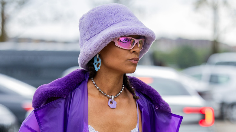 A woman with a fuzzy soft bucket hat