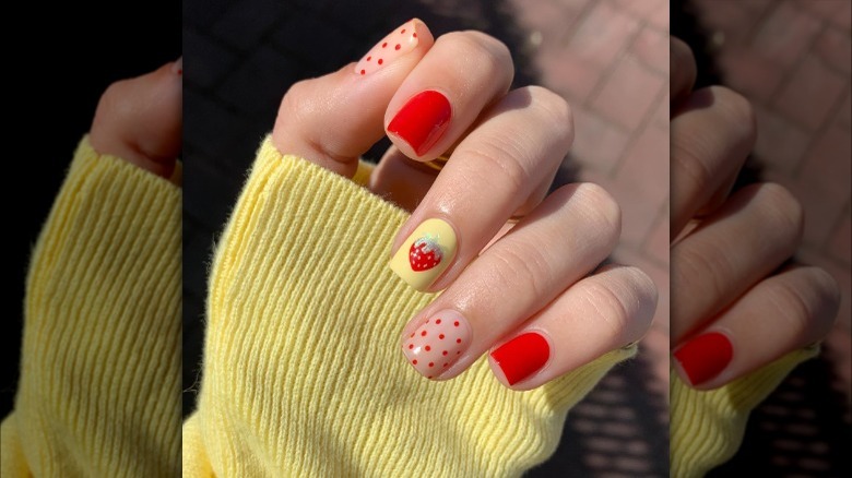 Strawberry and polka-dots manicure