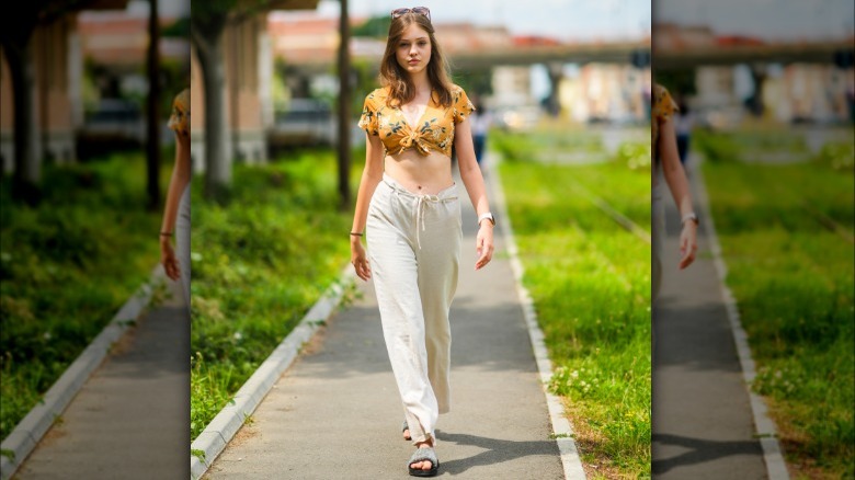 Woman wearing linen beach pants