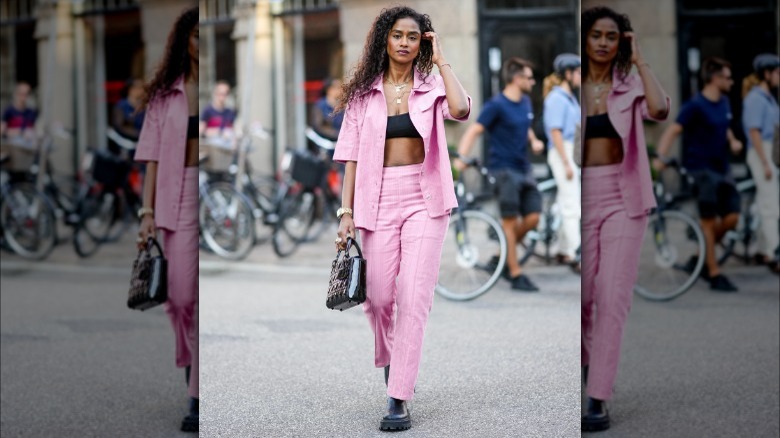 Woman wearing pink linen ensemble