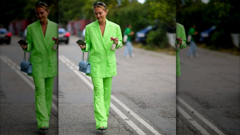 Women wearing green linen suit