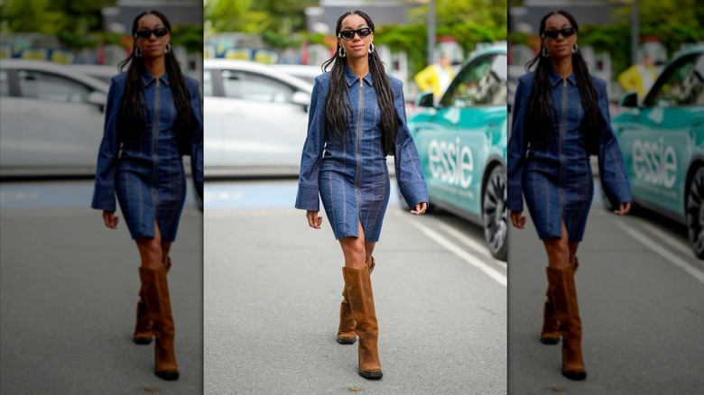 Woman with denim dress and boots