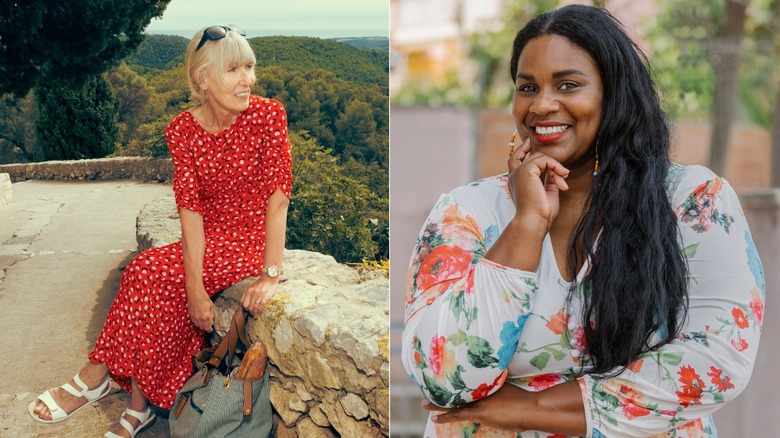 Woman wearing a red ditsy floral dress vs a woman wearing artistic bold floral dress