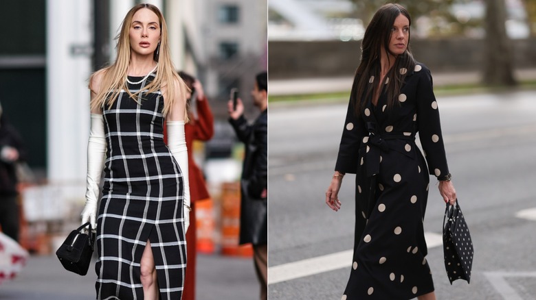 A woman in traditional checks vs a woman in a polka dot dress with a slit