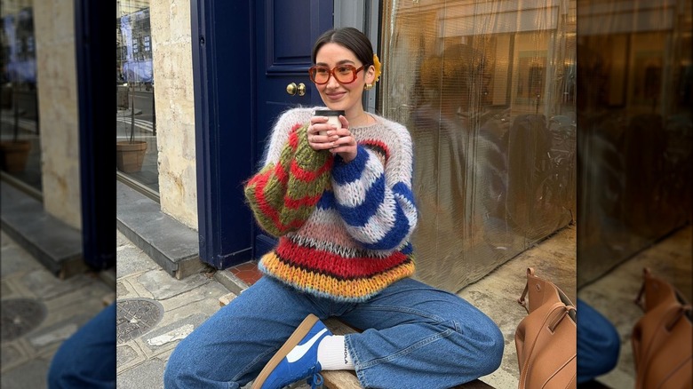 colorful sweater with oversized sunglasses