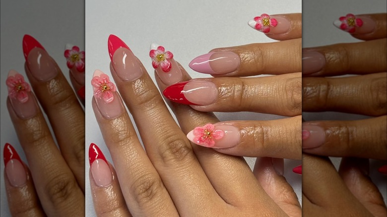 Red pink floral French tips