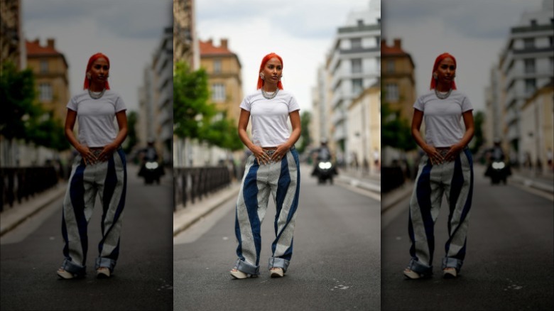 woman with striped denim jeans