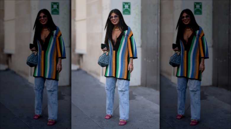 woman wearing striped crochet top