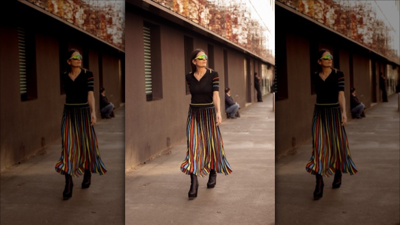 woman wearing striped skirt