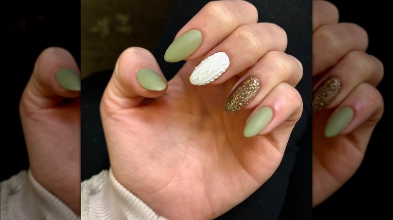 Green and white sweater nails