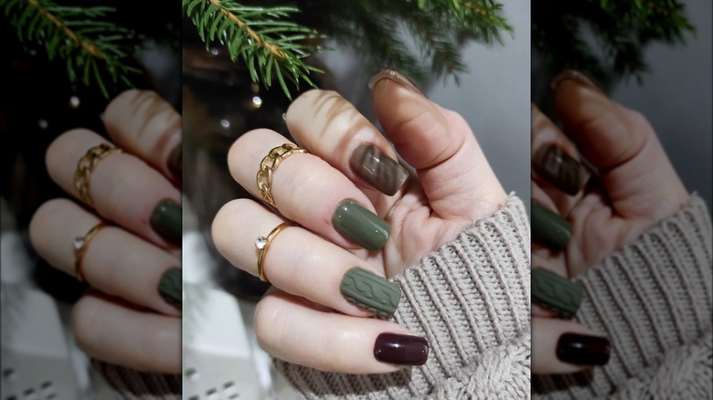 Green and brown sweater nails