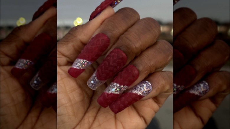 Red and silver glitter sweater nails