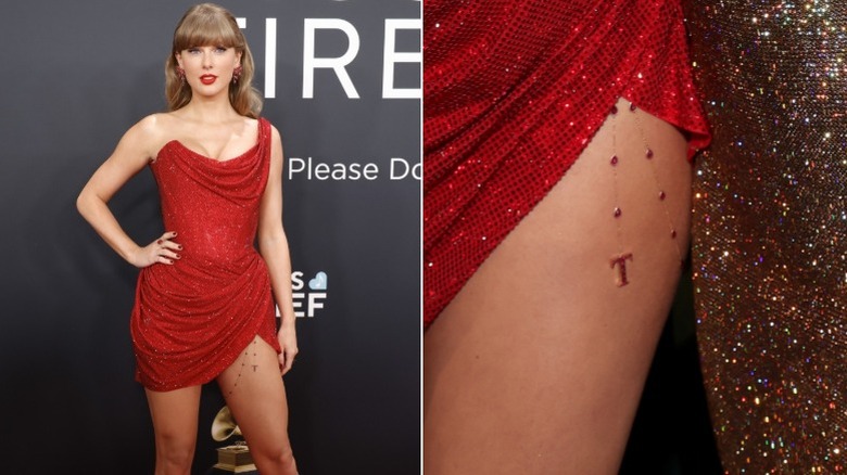 Taylor Swift wearing a red minidress at the 2025 Grammy Awards