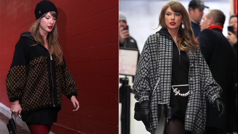 Side by side of Taylor Swift in Louis Vuitton and Chanel outfits while walking into the Arrowhead stadium