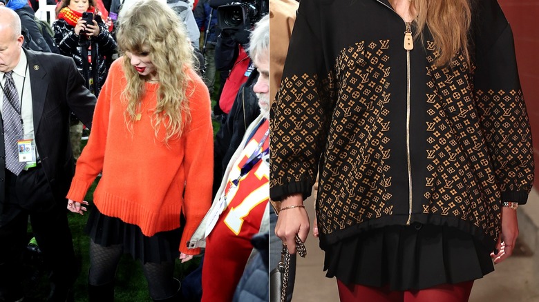 Taylor Swift wearing the same pleated skirt in January 2024 and January 2025