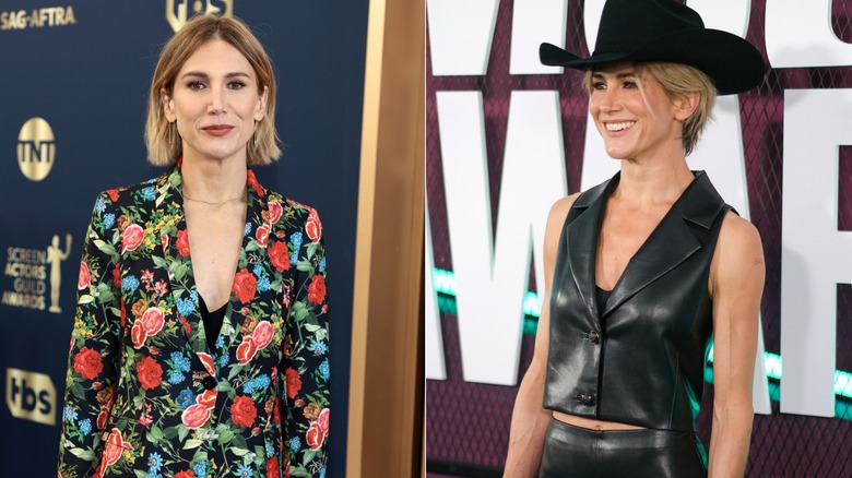 Side-by-side of Jen Landon wearing a floral suit and black leather co-ords with a cowboy hat.