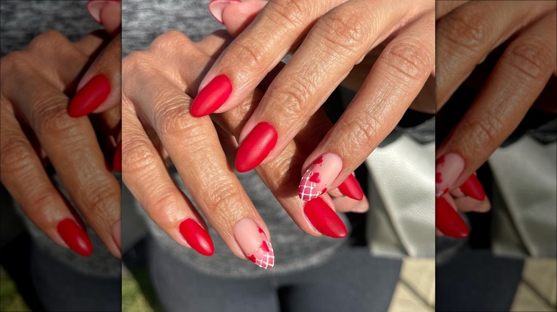 Almond-shaped matte red nail art