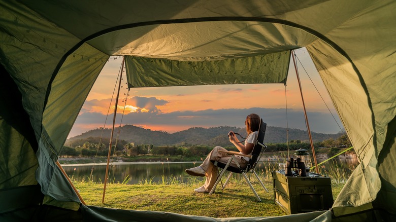 Woman camping alone