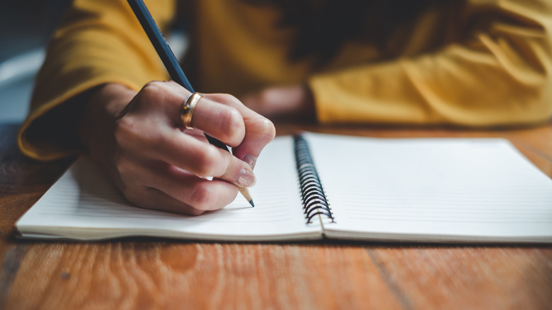 Person writing in paper journal