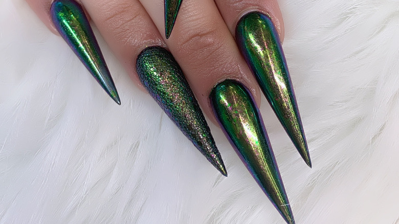 Long, green chrome nails