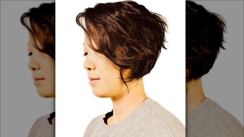 Woman with short choppy stacked bob