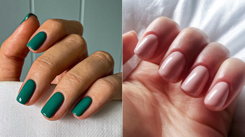 A side-by-side image of green nails and light-pink neutral nails.