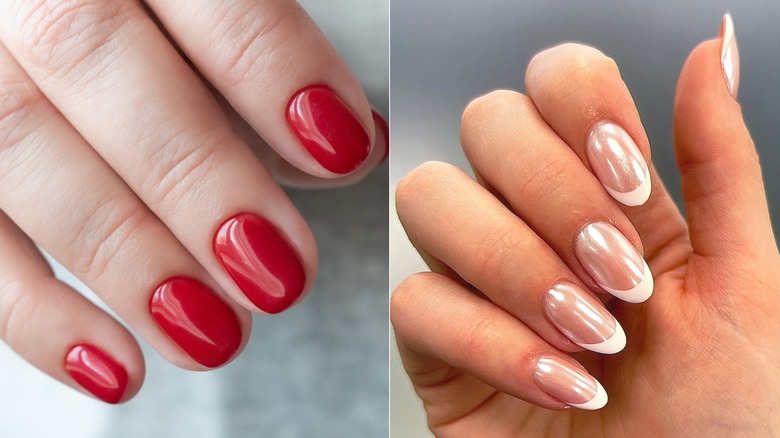 A side-by-side image of red nails and French manicured nails.