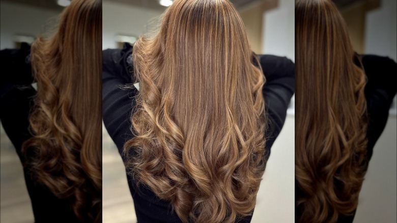 Woman models brunette balayage with caramel highlights 