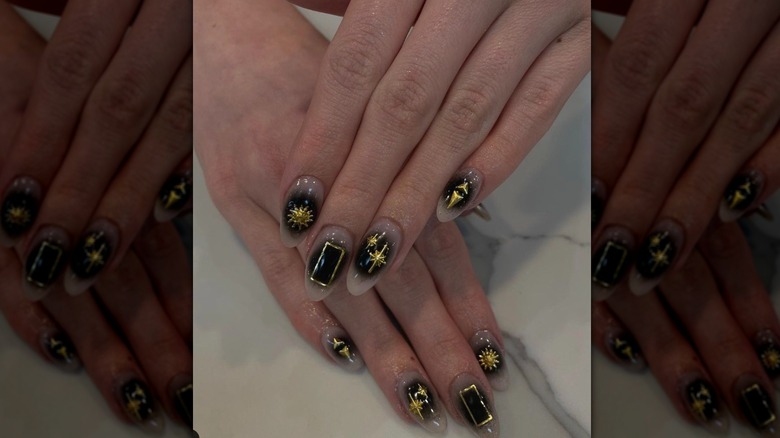 Black aura mani with gold embellishments