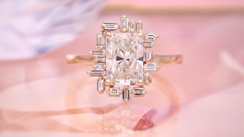 emerald cut baguette halo ring