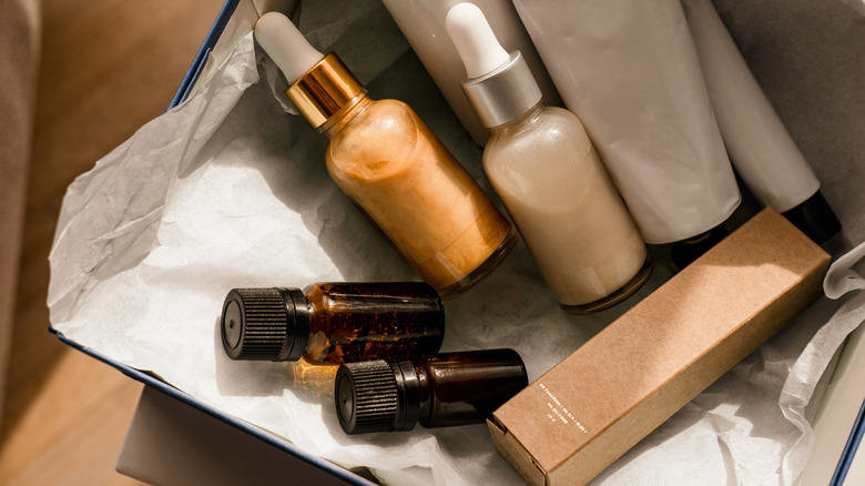 Skincare bottles in a box