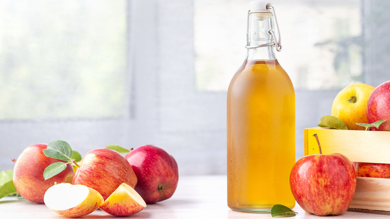 Apples and apple cider vinegar in a bottle